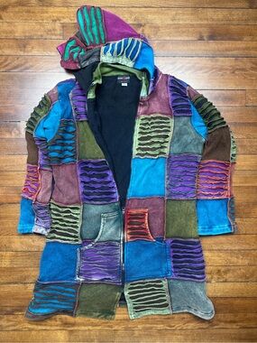 Vintage Nepalese Patchwork Razor Cut Hoodie Jacket Pixie Hood Boho Fairy Grunge